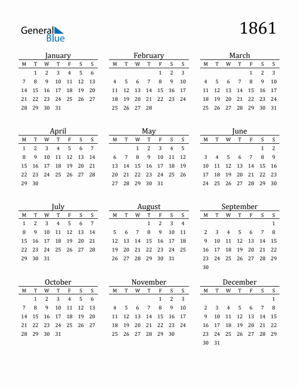 Free Printable Calendar 1861 with Monday Start