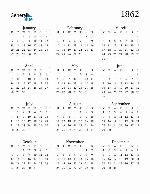Free Printable Calendar 1862 with Monday Start