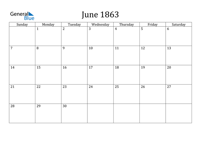 June 1863 Calendar PDF Word Excel