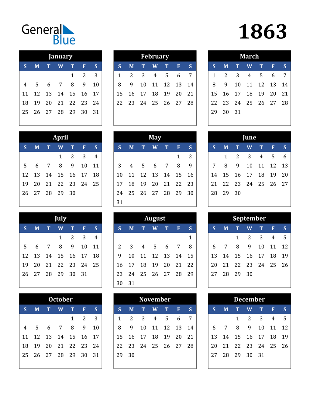 1863 Calendar (PDF, Word, Excel)