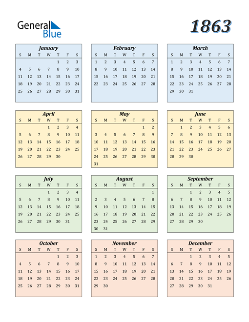 1863 Calendar (PDF, Word, Excel)