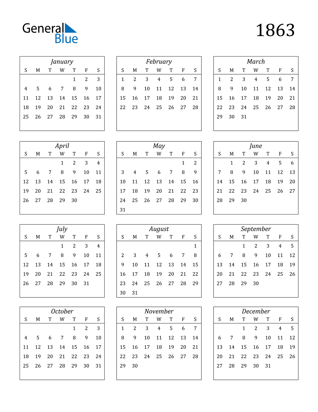 1863 Calendar (PDF, Word, Excel)