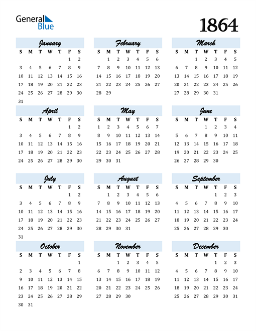 1864 Calendar (PDF, Word, Excel)