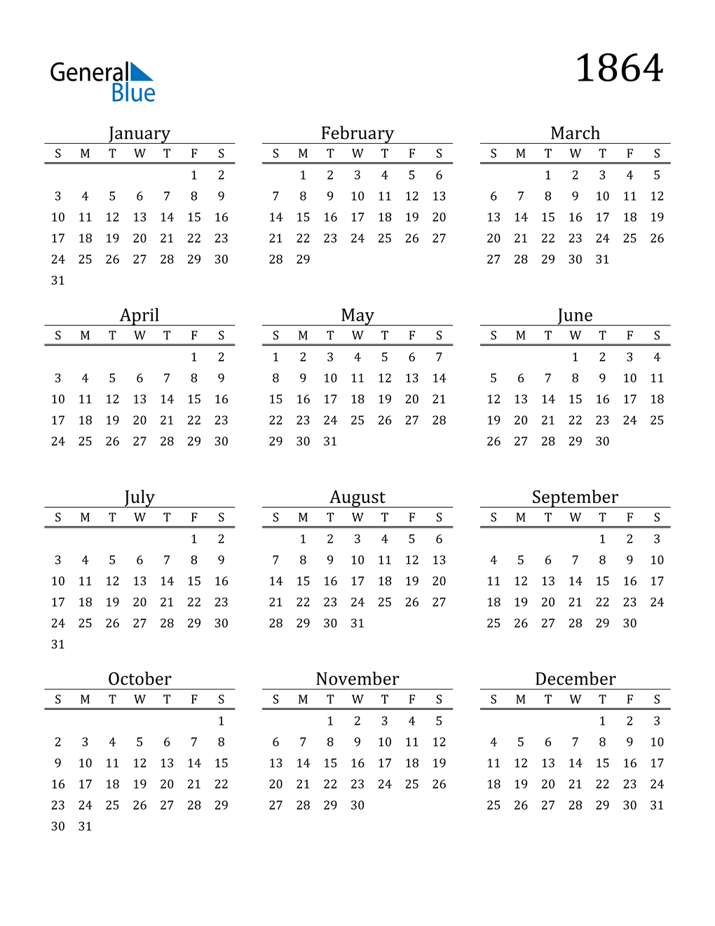 1864 Calendar (PDF, Word, Excel)