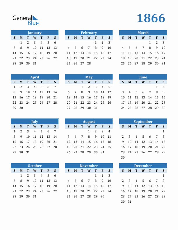 1866 Year Calendar with Sunday Start
