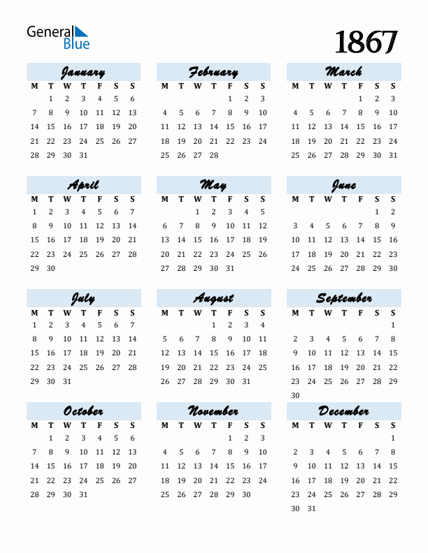 Calendar 1867 Free Download and Print