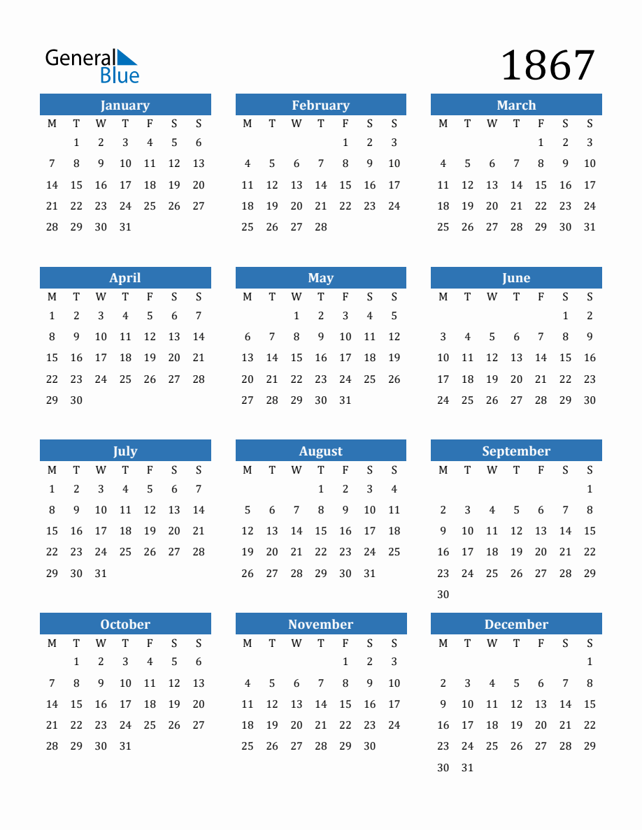 1867 Yearly Calendar