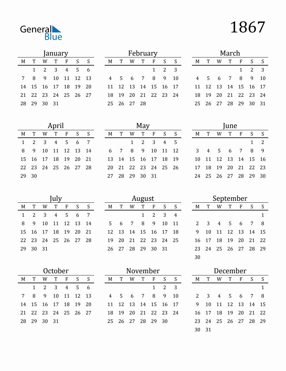 Year 1867 Free Printable 12-Month Calendar