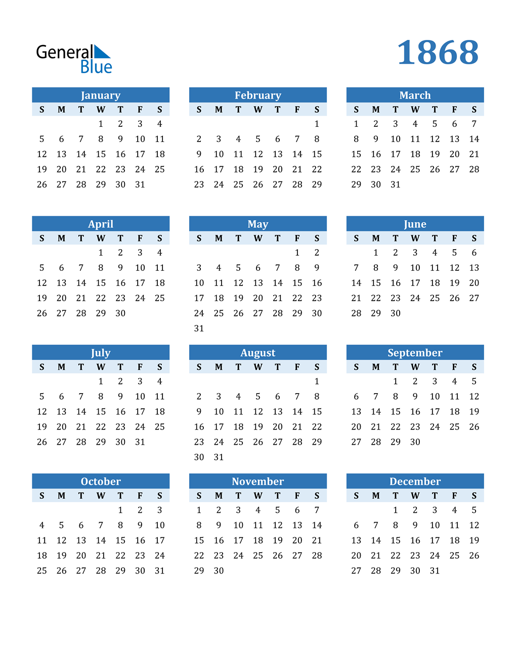 1868 Calendar (PDF, Word, Excel)