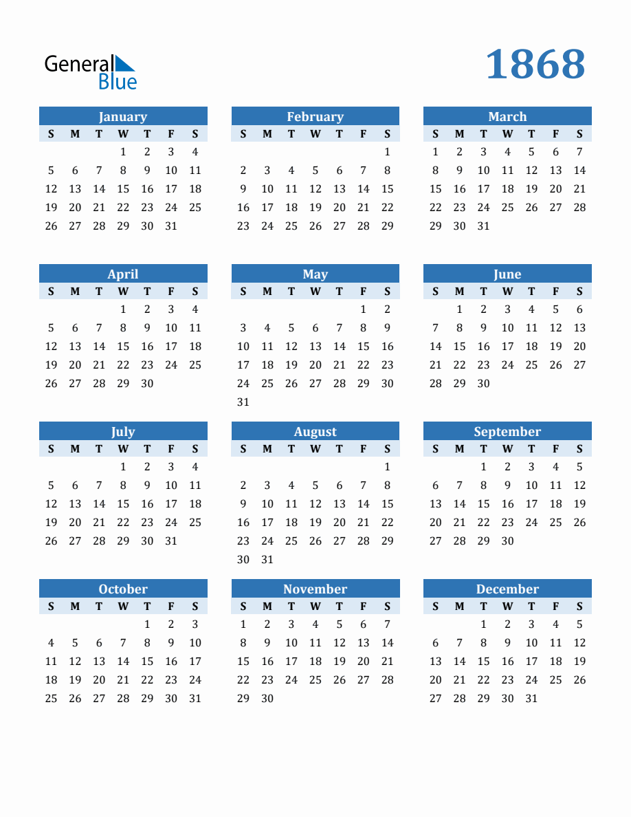Free 1868 Year Calendar in PDF, Word, and Excel