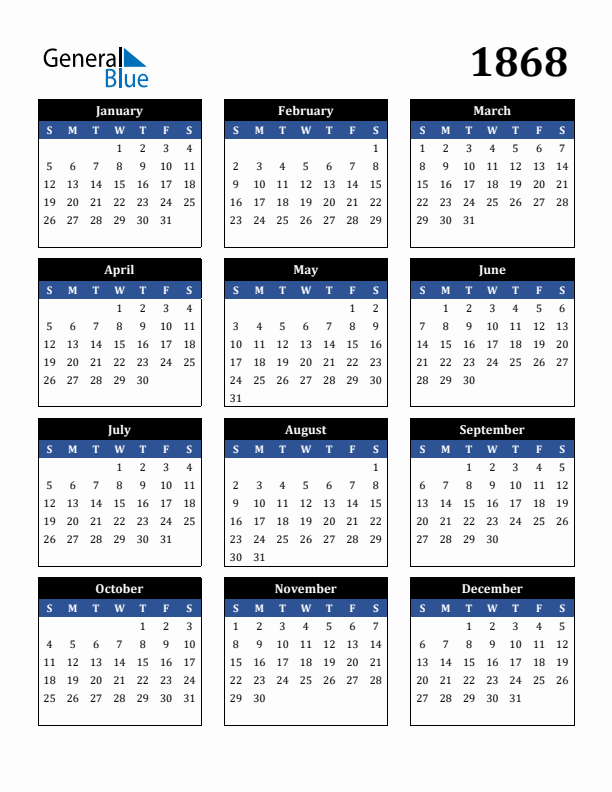 Free 1868 Calendars in PDF Word Excel