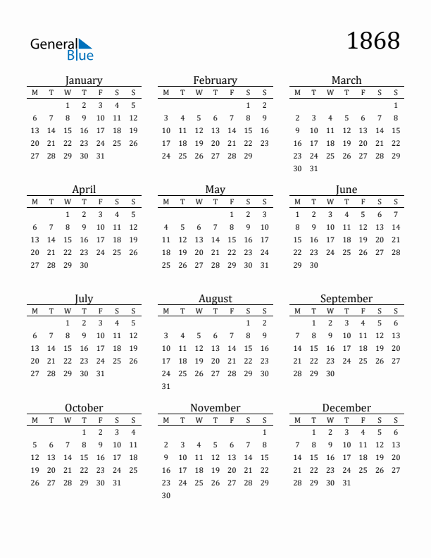 1868 Yearly Calendar Templates with Monday Start