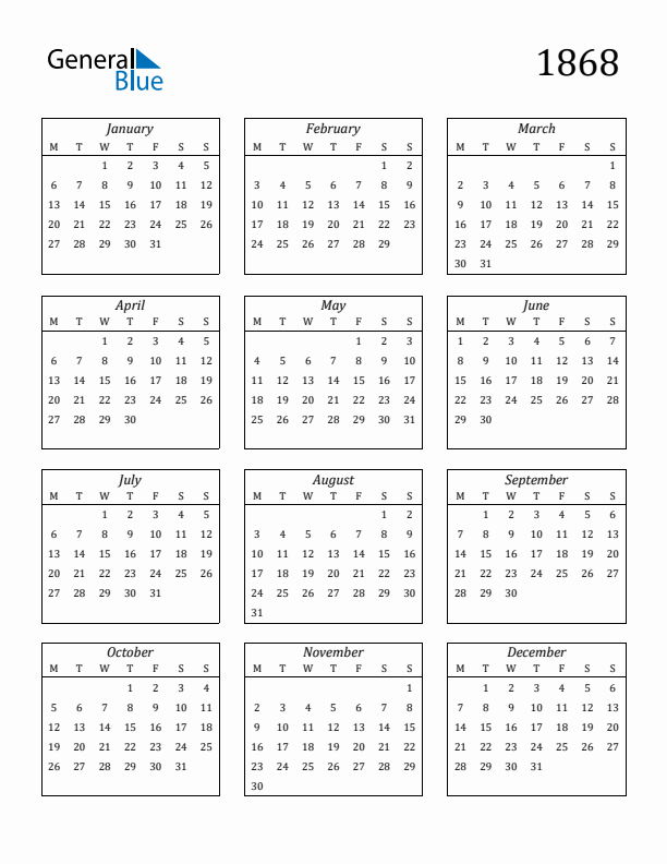 1868 Yearly Calendar Templates with Monday Start