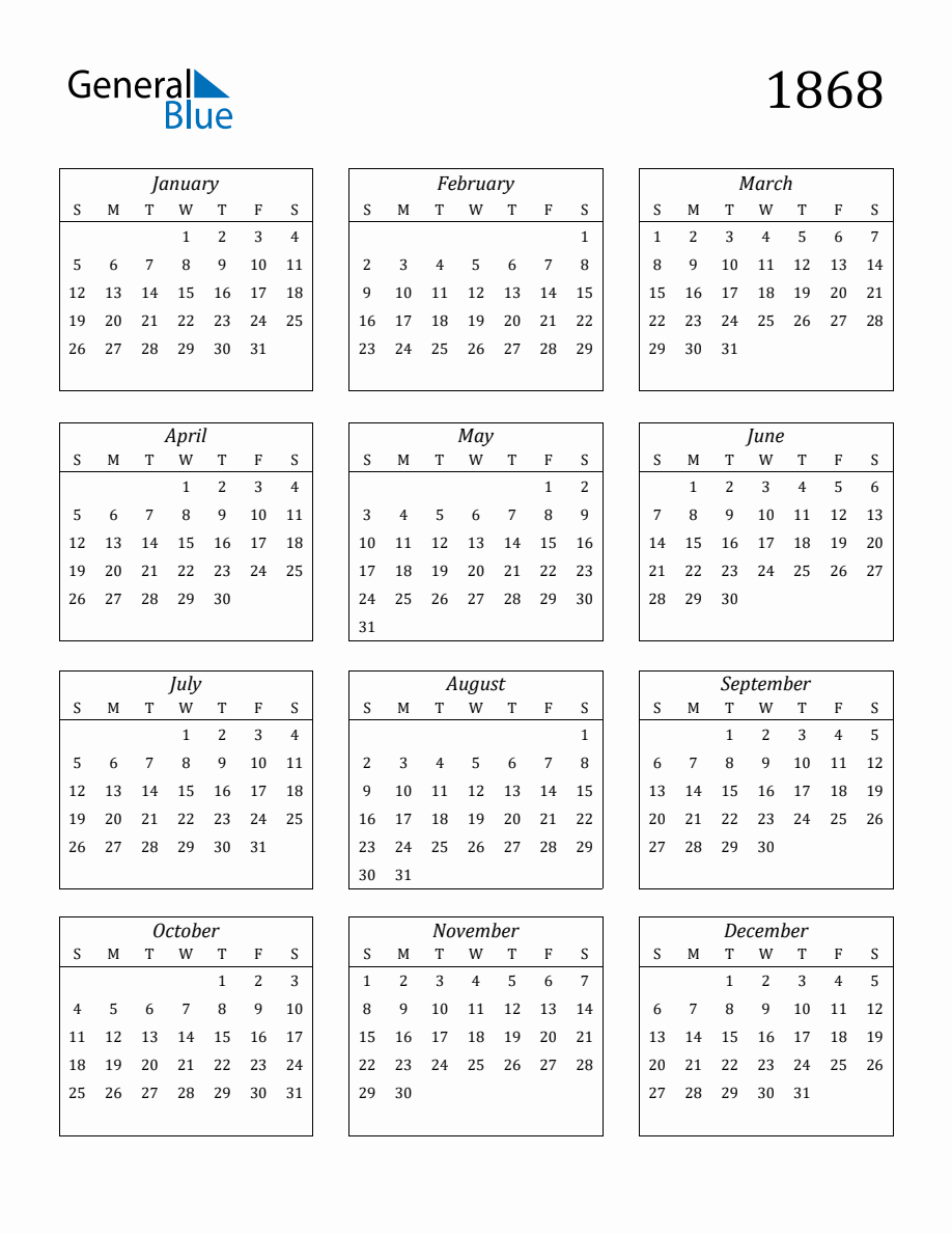 1868 Blank Yearly Calendar Printable