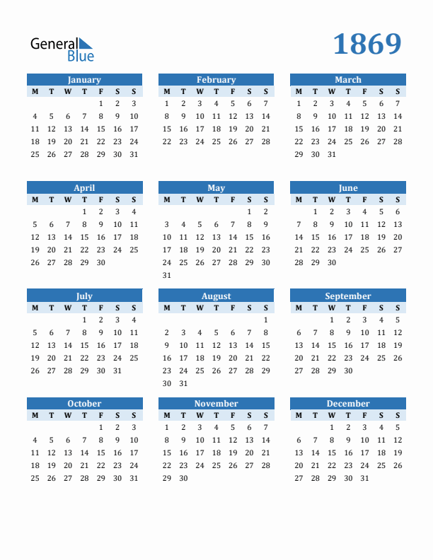 1869 Year Calendar with Monday Start