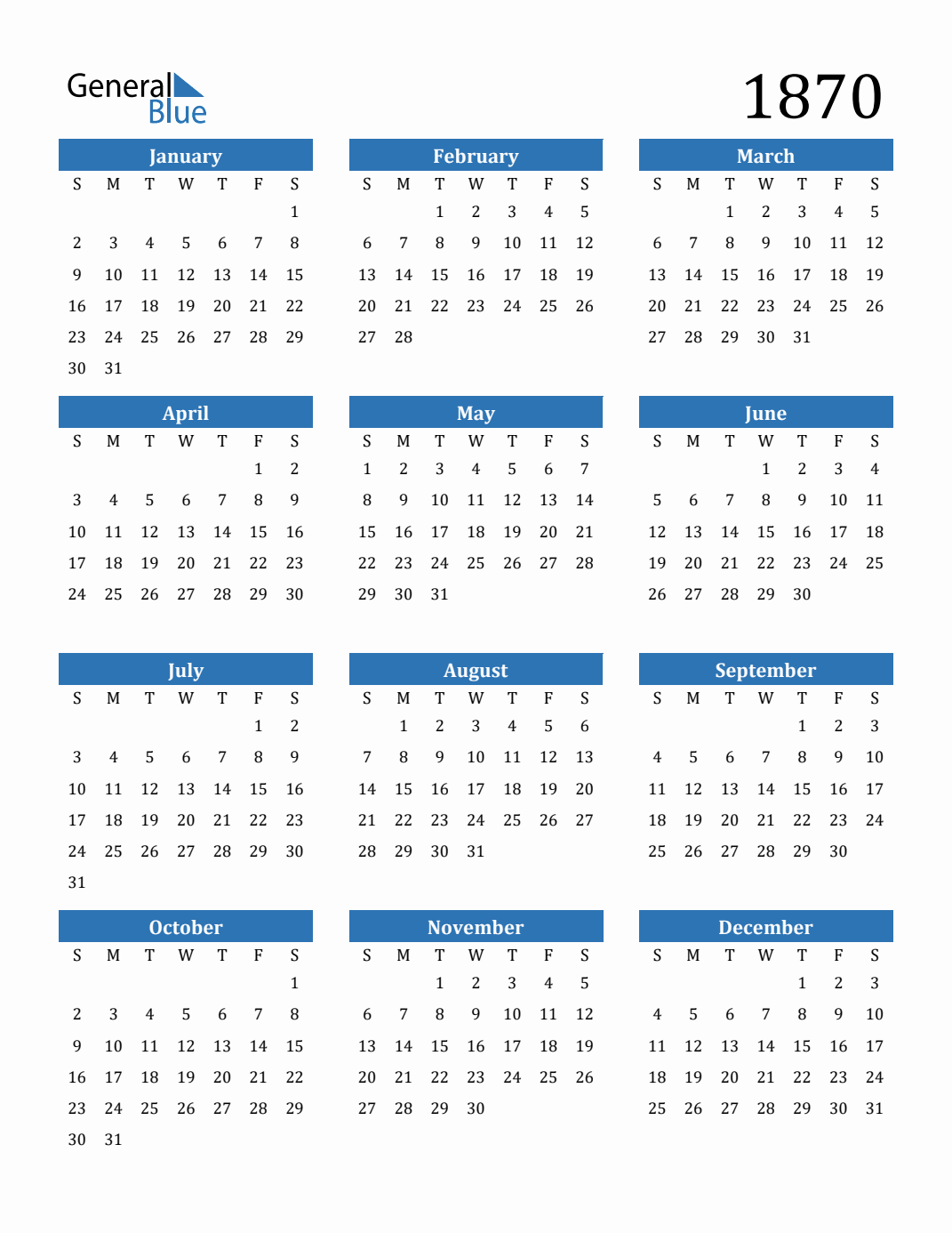 Free 1870 Calendars in PDF, Word, Excel