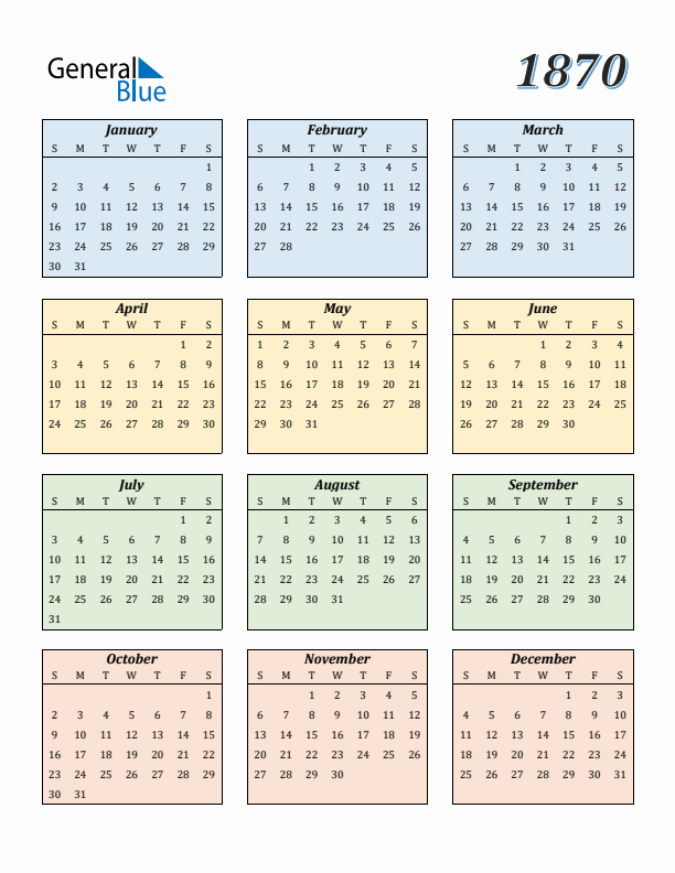 Calendar for 1870 (Sunday Start)