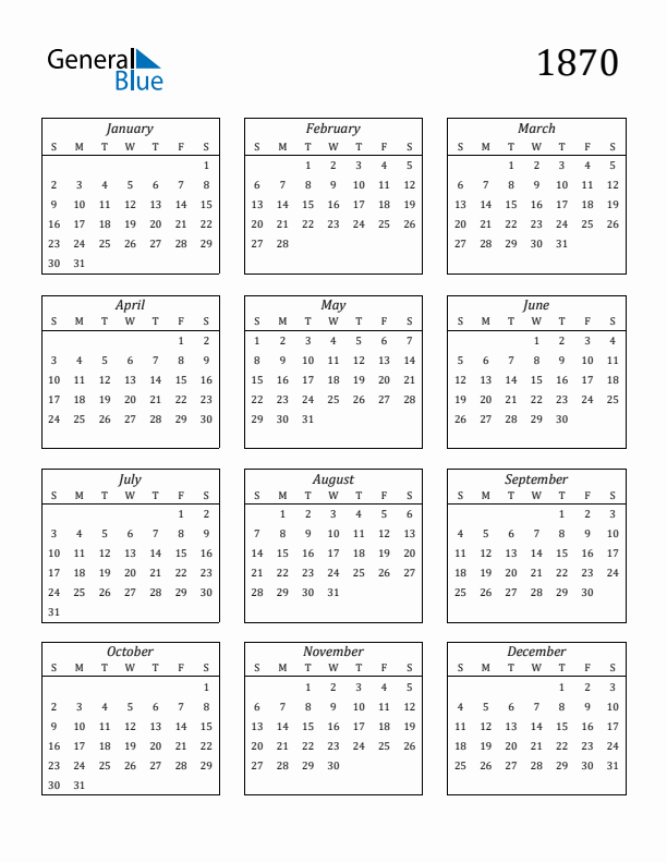 Blank Calendar 1870