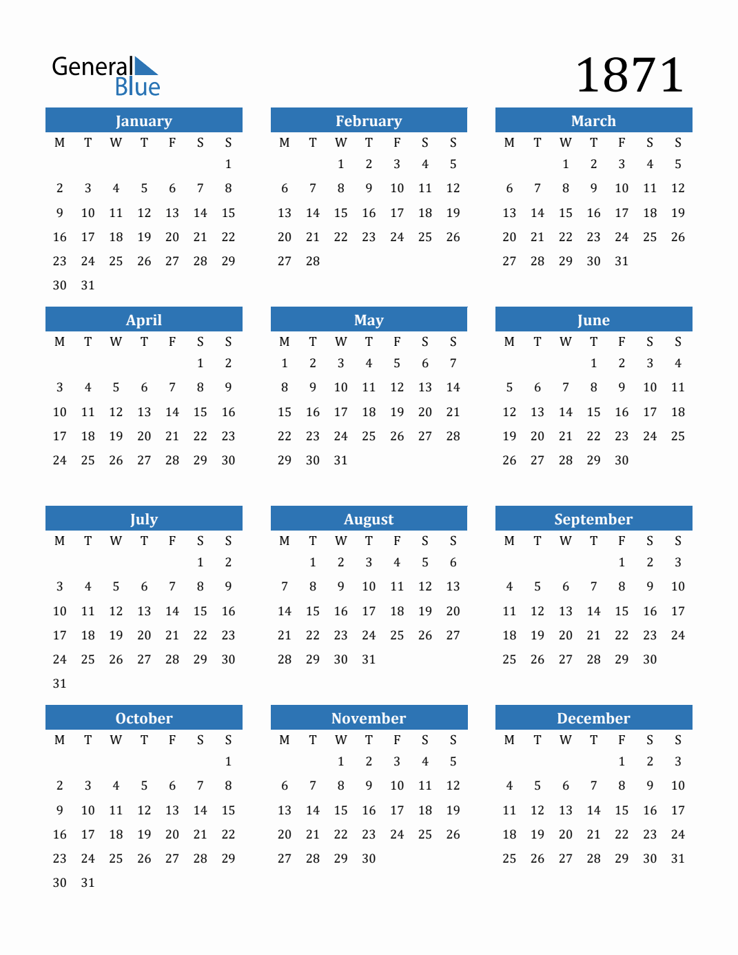 1871 Calendar with Monday Start