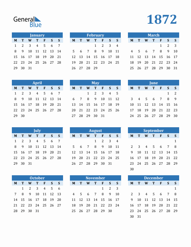 1872 Year Calendar with Monday Start
