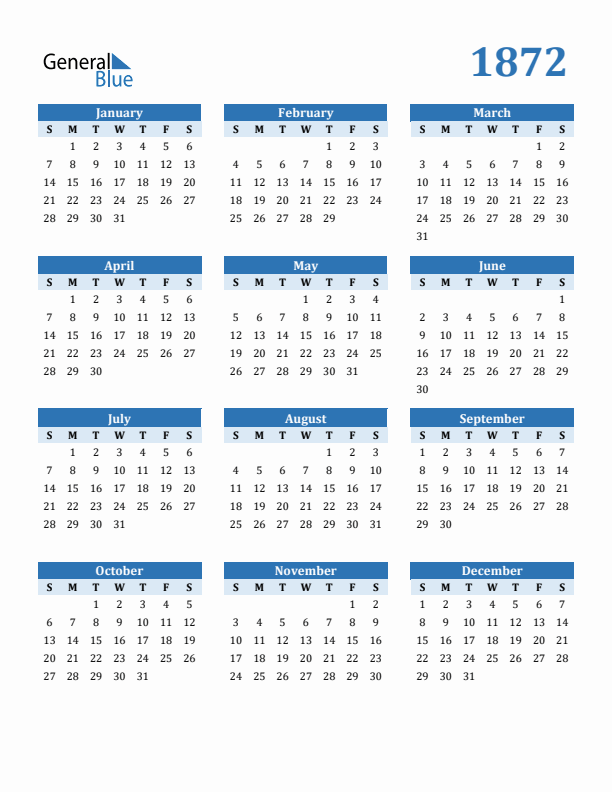 1872 Year Calendar with Sunday Start