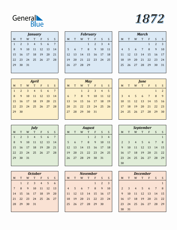 Calendar for 1872 (Monday Start)