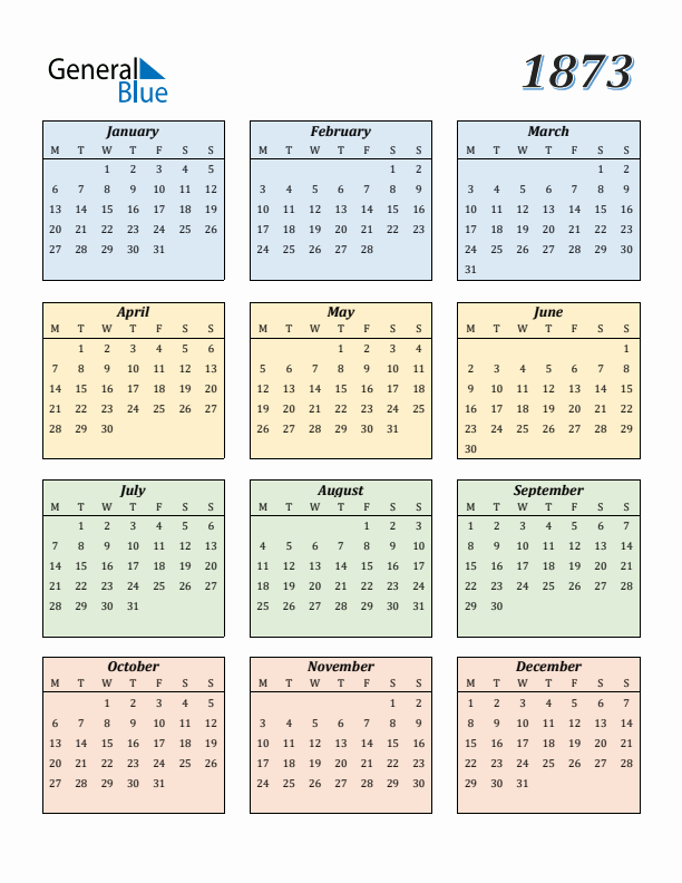 Calendar for 1873 (Monday Start)