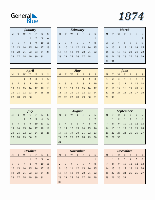 1874 Yearly Calendar Templates with Monday Start