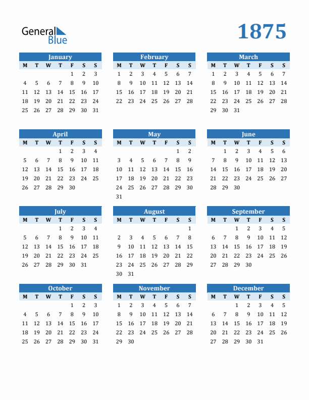 1875 Yearly Calendar Templates with Monday Start