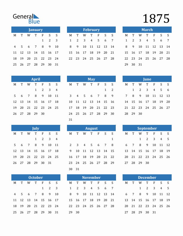 1875 Yearly Calendar Templates with Monday Start