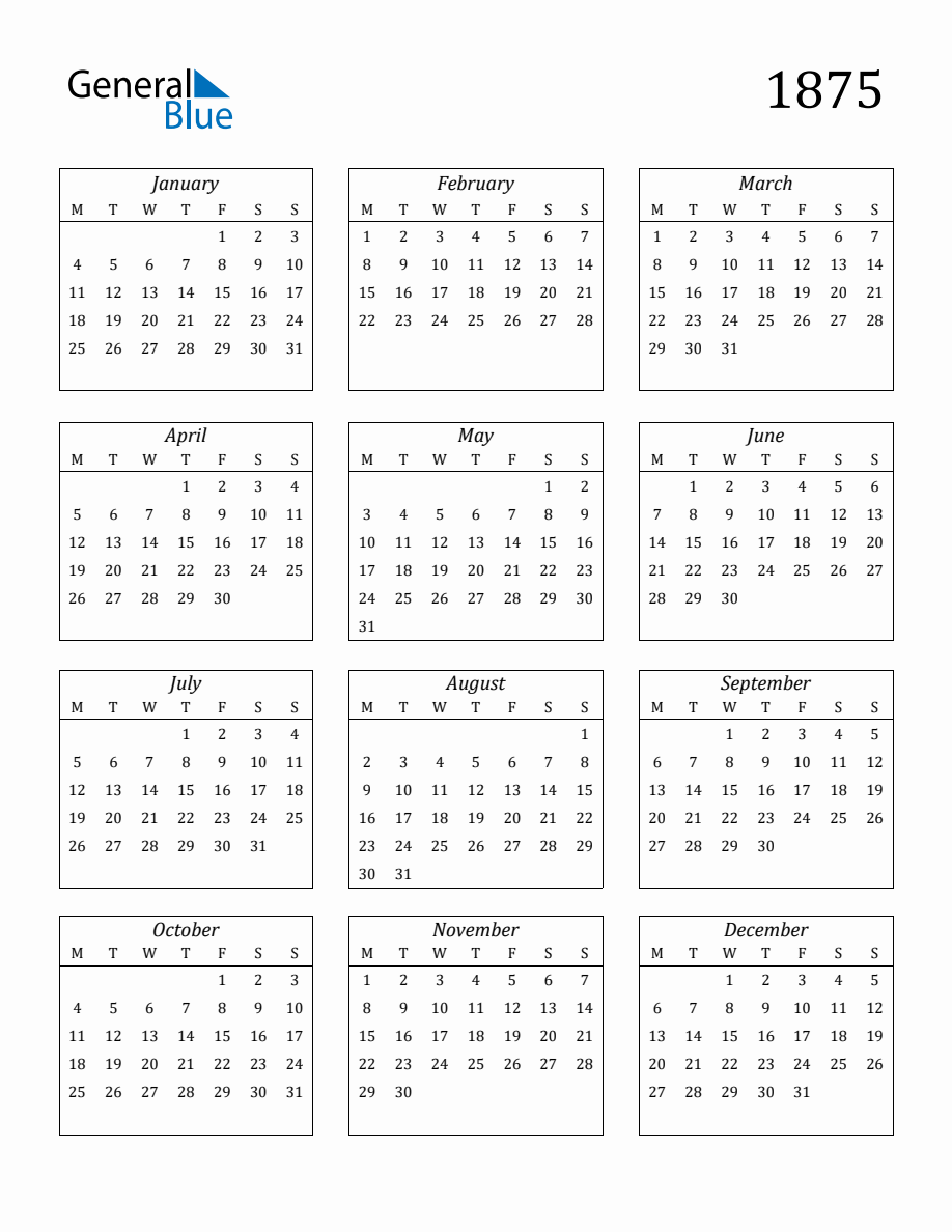 1875 Blank Yearly Calendar Printable