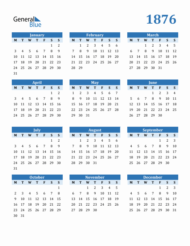 1876 Year Calendar with Monday Start