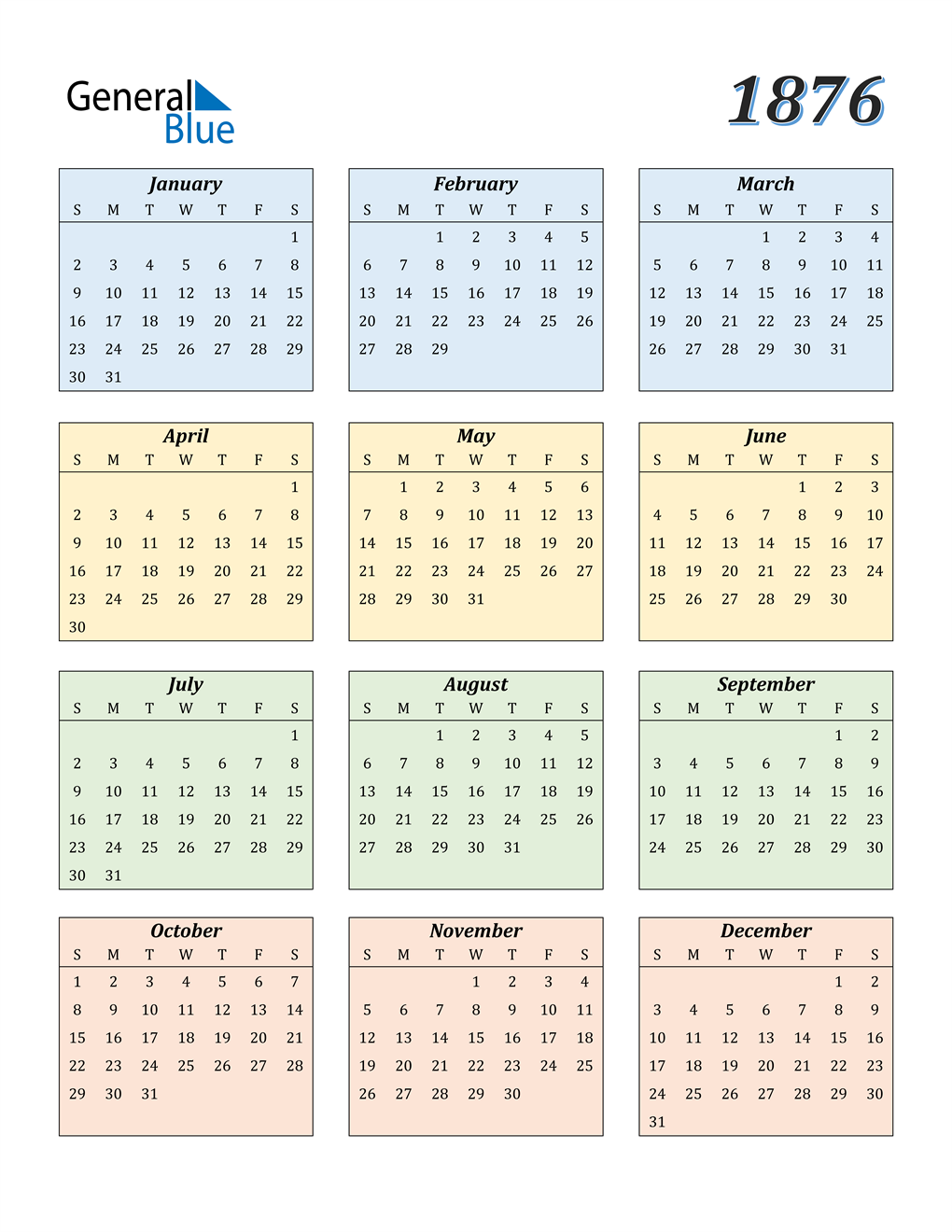 1876 Calendar Pdf Word Excel