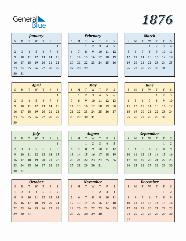 Calendar for 1876 (Sunday Start)