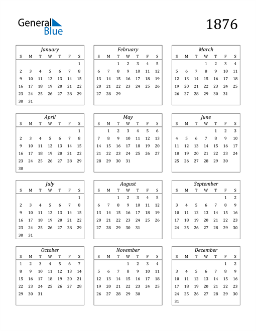 1876 Calendar Pdf Word Excel