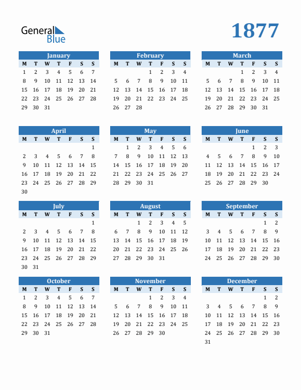 1877 Year Calendar with Monday Start