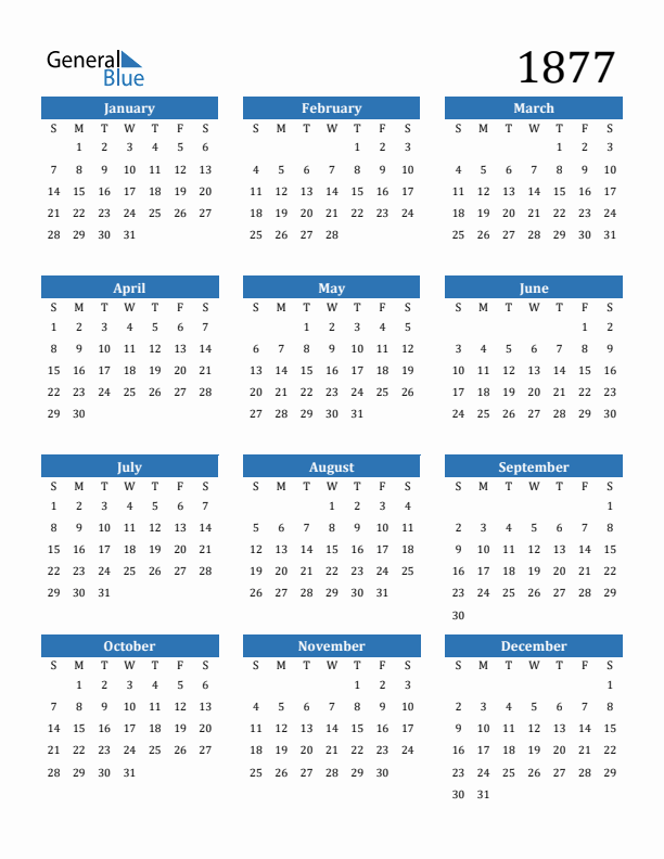 1877 Calendar (PDF, Word, Excel)