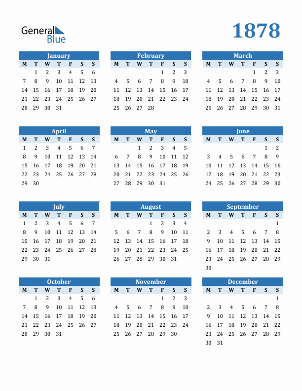 1878 Year Calendar with Monday Start