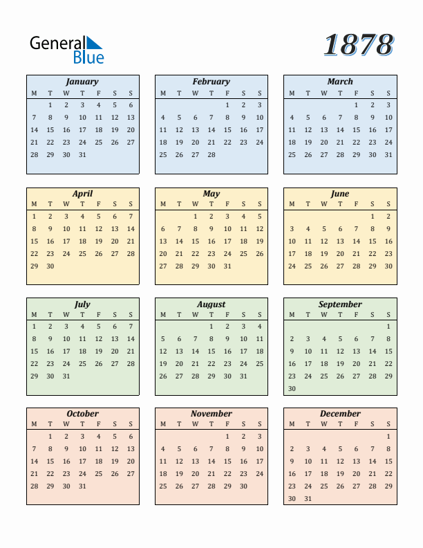 Calendar for 1878 (Monday Start)