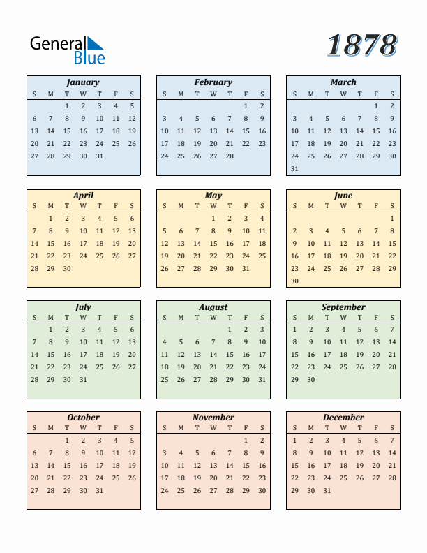 Calendar for 1878 (Sunday Start)
