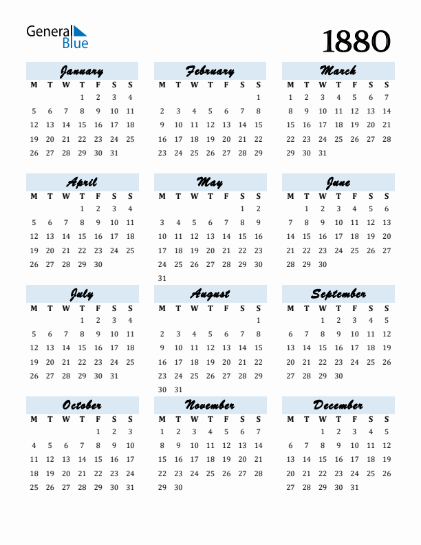 Calendar 1880 Free Download and Print