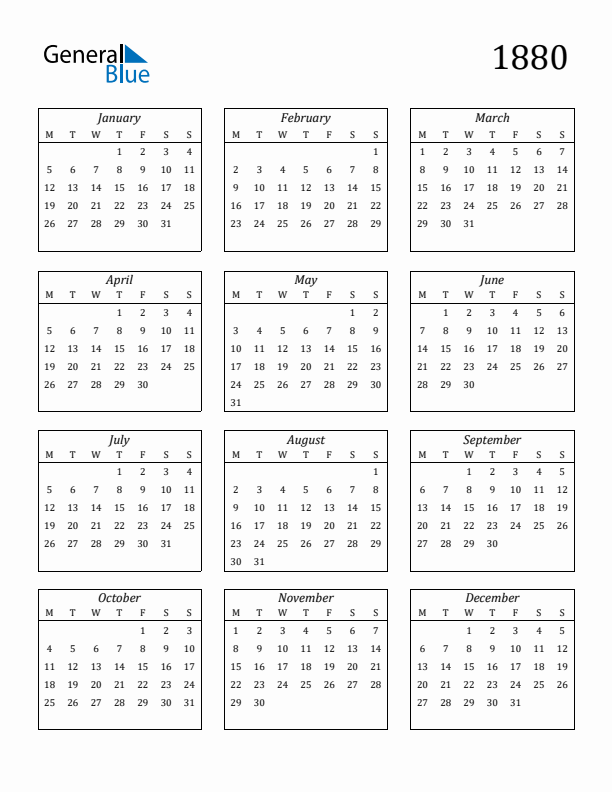Blank Calendar 1880
