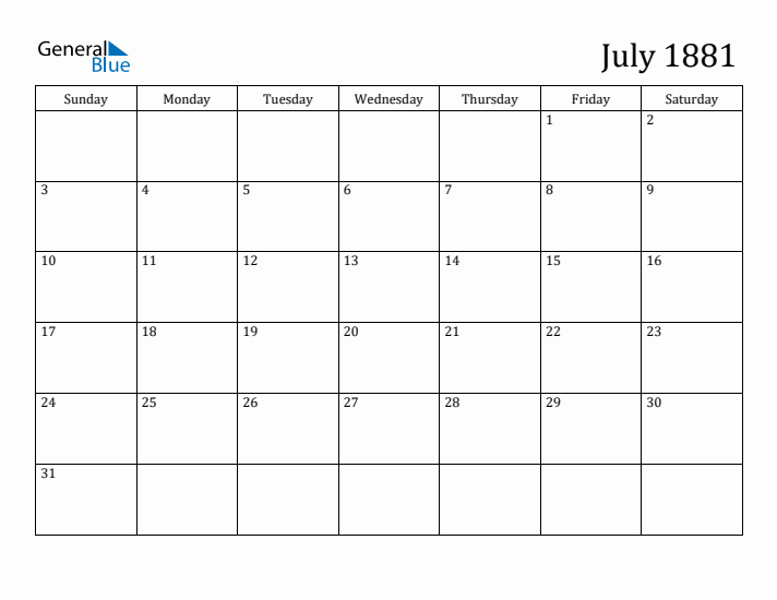 July 1881 Calendar