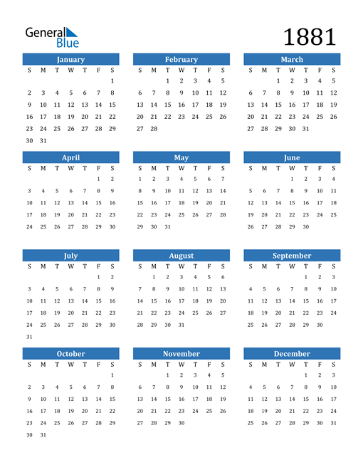 1881 Calendar (PDF, Word, Excel)