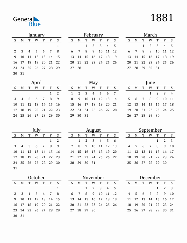 Free Printable Calendar 1881 with Sunday Start