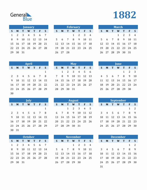 1882 Year Calendar with Sunday Start
