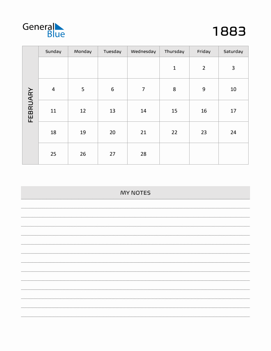 February 1883 Printable Monthly Calendar with Notes