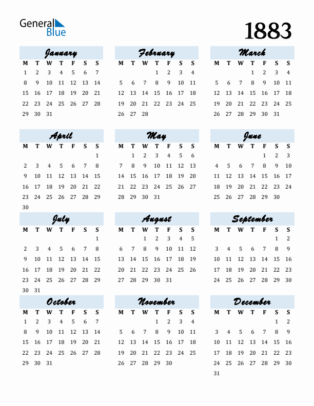Calendar 1883 Free Download and Print