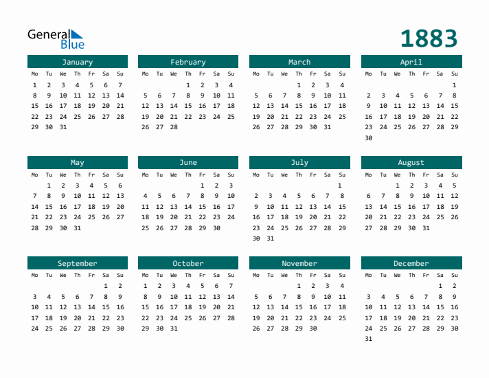 Downloadable 1883 Calendar