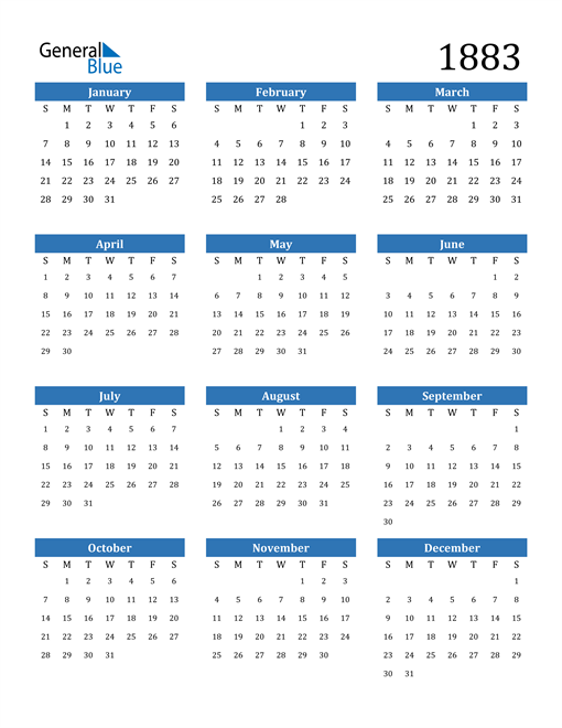 1883 Calendar (PDF, Word, Excel)